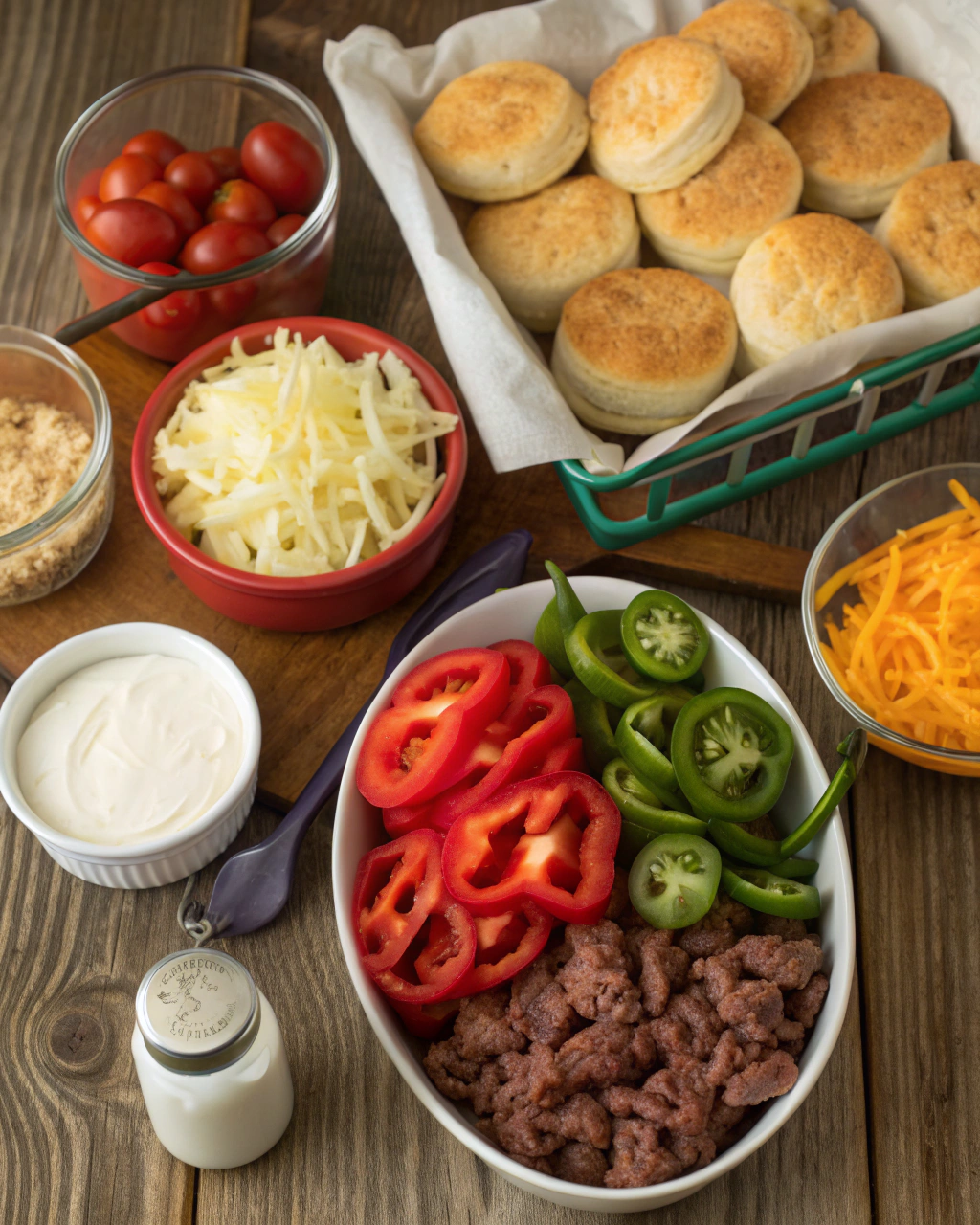 Fresh John Wayne Casserole ingredients arranged beautifully with golden biscuit dough, vibrant red bell peppers, ruby tomatoes, and rich cheddar cheese