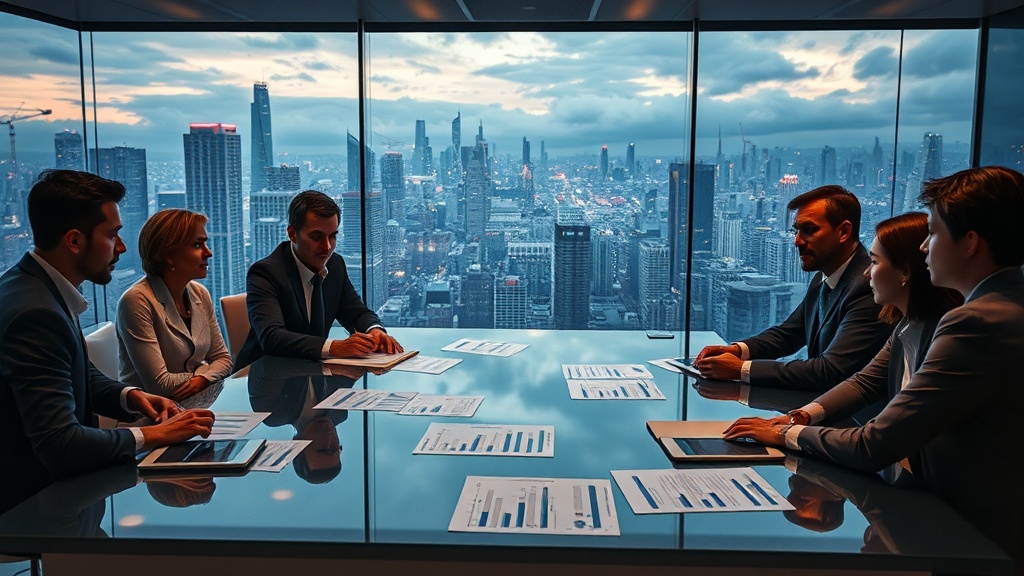 A cinematic, photorealistic movie-still set in a contemporary 2025 urban environment, composed in a wide 16:9 frame. The scene takes place in a glass-walled high-floor conference room overlooking a dense skyline of sleek glass-and-steel skyscrapers, modern plazas, cranes and soft neon accents — all clearly modern and unmistakably 2025 but showing no identifiable landmarks. A small group of professionals of varying ages and genders are gathered around a glossy table, engaged in a tense strategic discussion: tablets and printed charts with abstract graphical shapes (no numbers or text) lie scattered, a transparent LED panel displays glowing, anonymous line and bar charts (legible text or logos absent). Their expressions are focused, worried but determined — subtle gestures, furrowed brows, a hand resting on a tablet, someone standing and pointing toward the display. Lighting is realistic and cinematic: warm interior key light and rim light mix with cool blue city illumination and soft natural twilight filtering through clouds, creating high-contrast yet natural skin tones and believable reflections on glass and metal. The image emphasizes depth: shallow depth of field with precise focus on one contemplative face in three-quarter profile and layered foreground and background elements; filmic lens characteristics (medium telephoto perspective, slight bokeh, gentle lens flare), high-resolution textures in fabric, hair, skin, brushed metal and concrete. Mood conveys economic and political uncertainty and strategic response — tension, concentration, adaptive planning — without referencing any specific people, institutions, nations, words or symbols. No visible signage, text, flags, or identifiable logos; faces look authentic but are not recognizable as any real individuals. The overall composition should read like a high-budget, realistic movie still: modern, polished, emotionally resonant, and universally relatable.