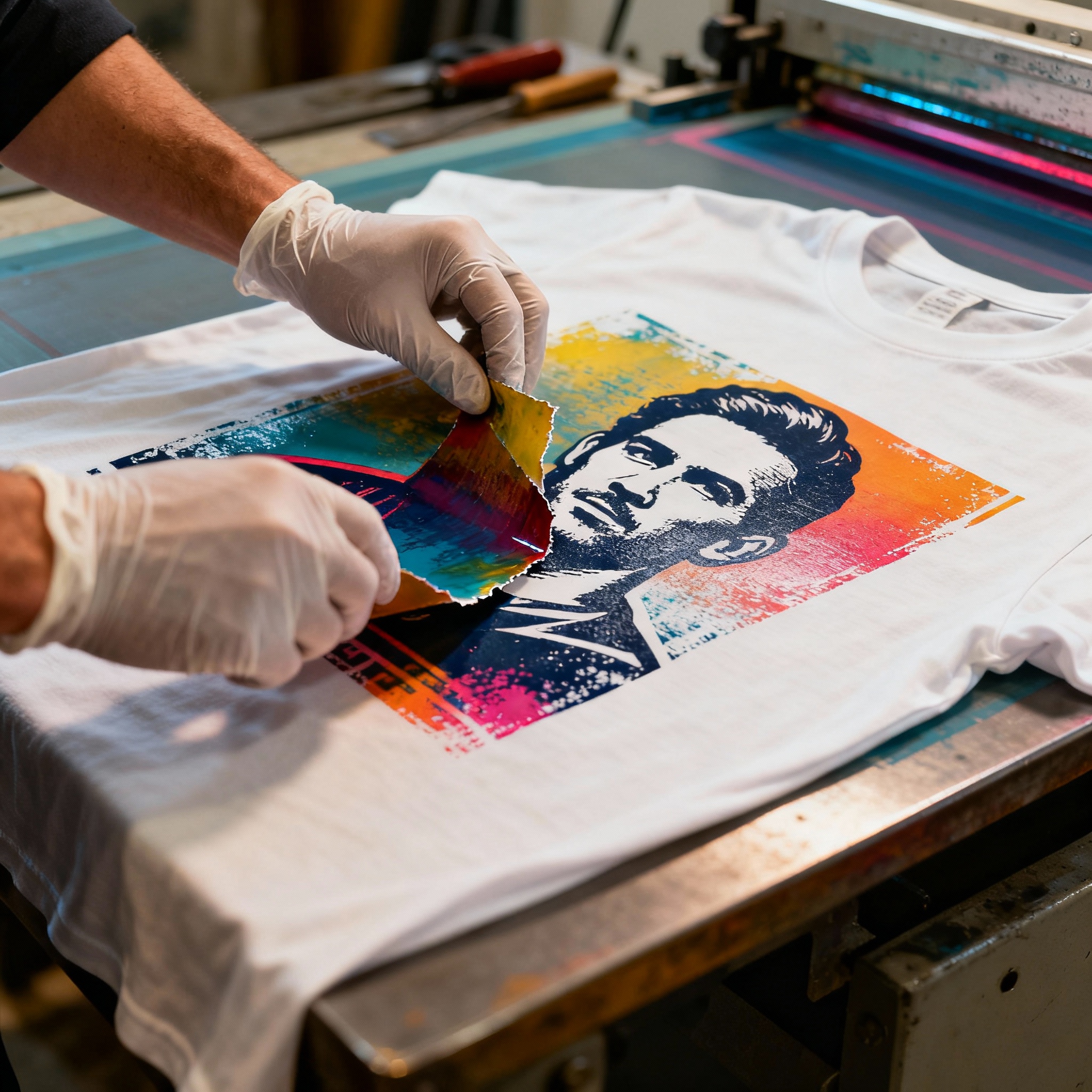 Close-up studio photo of a technician performing a cold-peel on a freshly pressed shirt with a gang-sheet transferred desi...