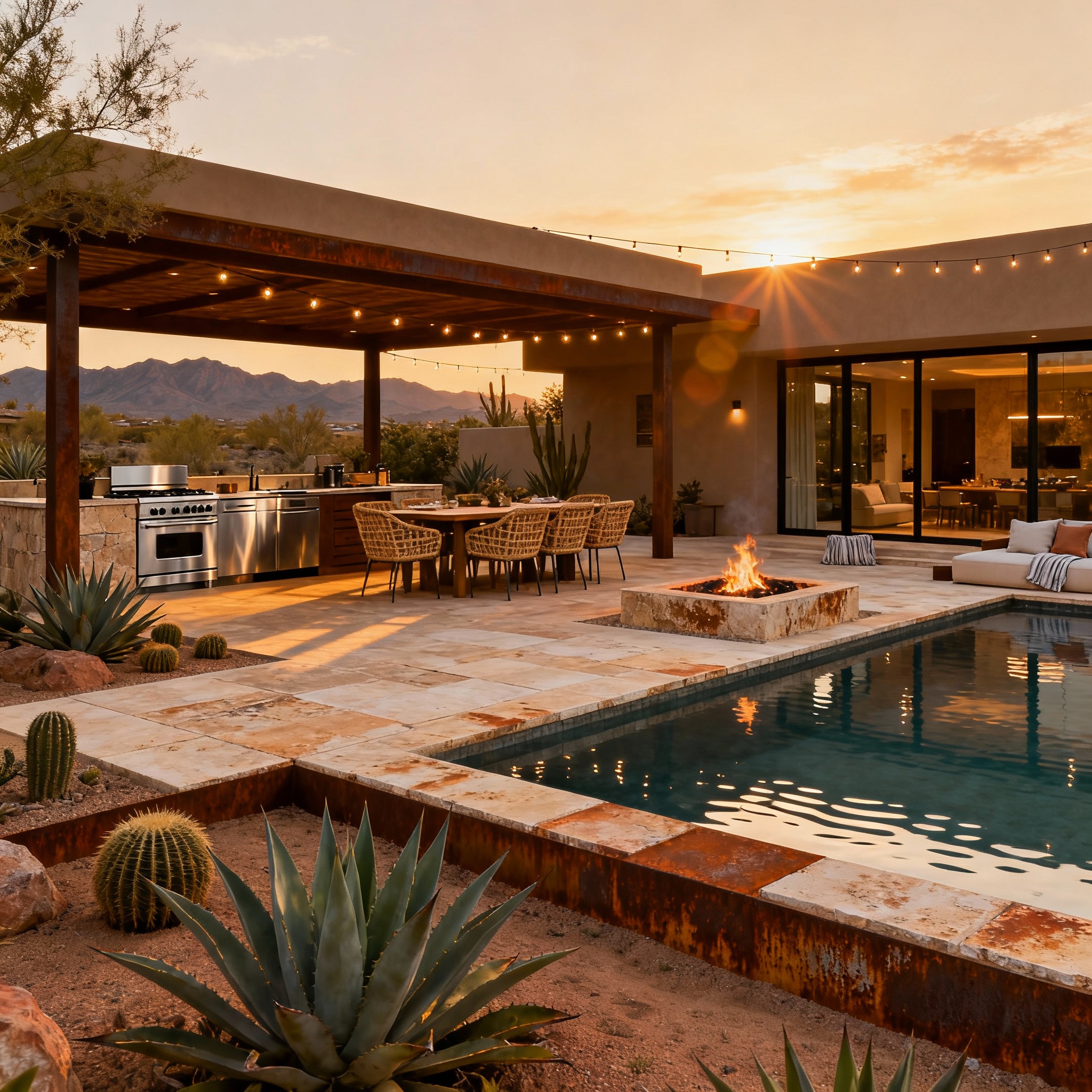 Wide-angle, photorealistic scene of a complete backyard with covered outdoor kitchen, dining area, and pool under soft dus...