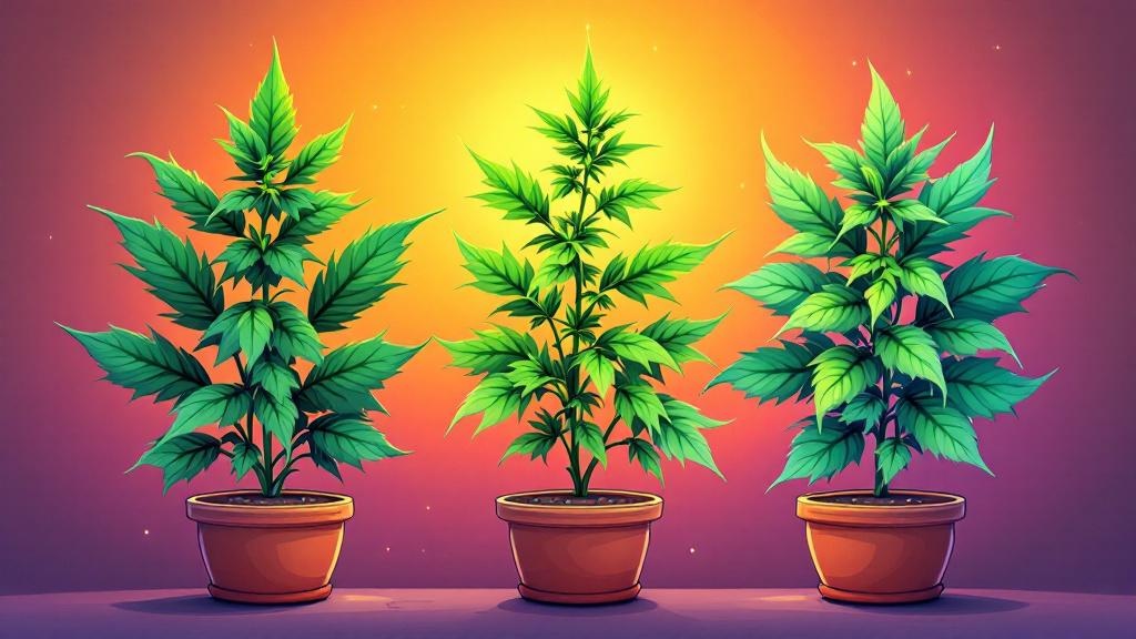 Cartoon comparison of Indica Sativa Hybrid cannabis plants