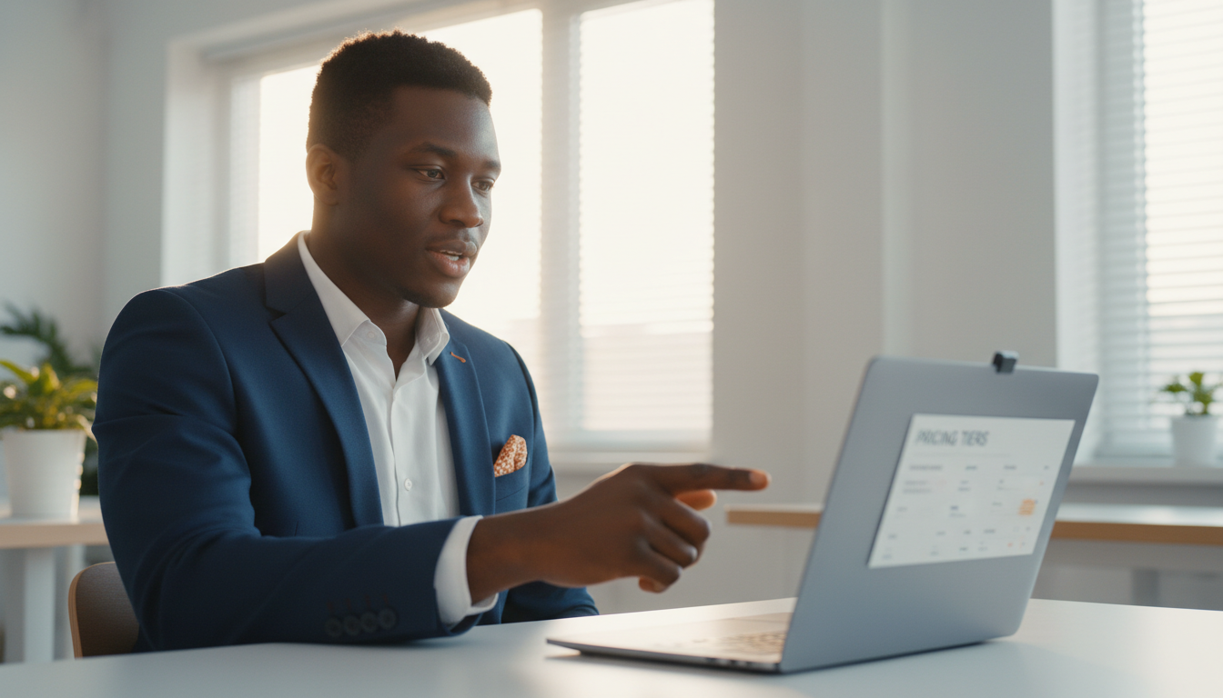 Professional marketing leader at a bright desk pointing at a laptop screen during a video call while reviewing pricing options in a modern office setting.
