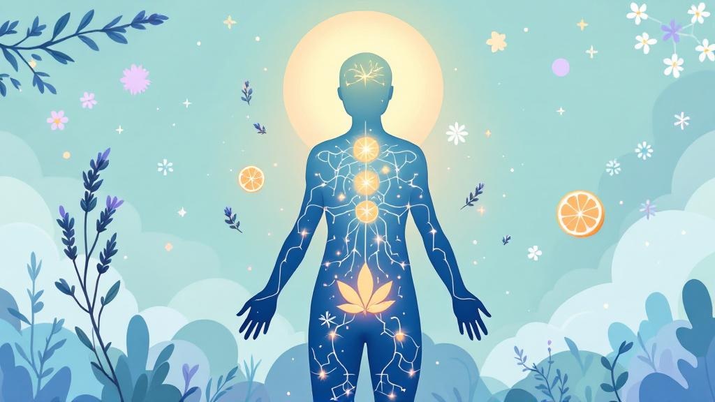 Cartoon illustration of endocannabinoid system with botanical elements