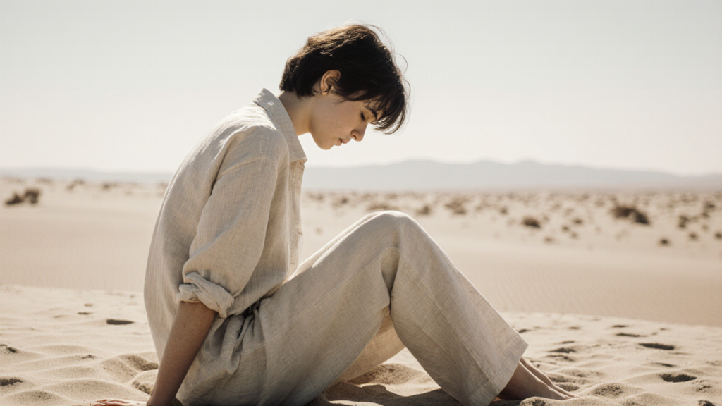 Profile portrait of exhausted person sitting on sand, head bowed, face partially hidden, visible weight of responsibility in posture.