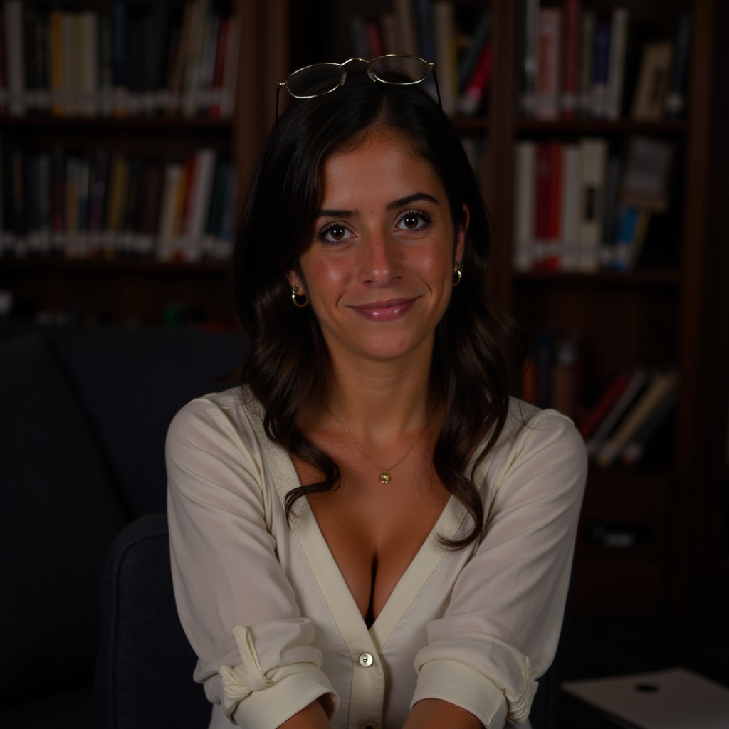 Young dark-haired librarian in an unbuttoned blouse, surrounded by books in a dimly lit library.