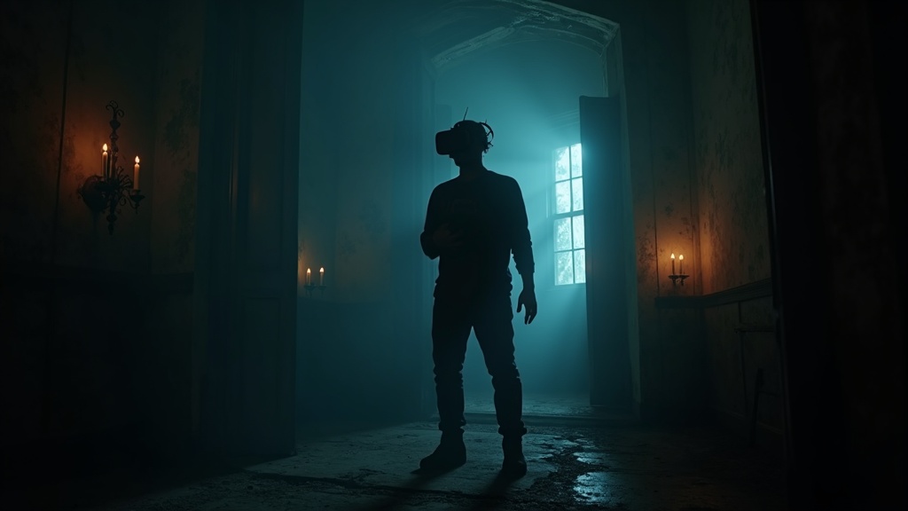 Escena de terror del análisis de MADiSON VR, con un pasillo oscuro y una figura al fondo.