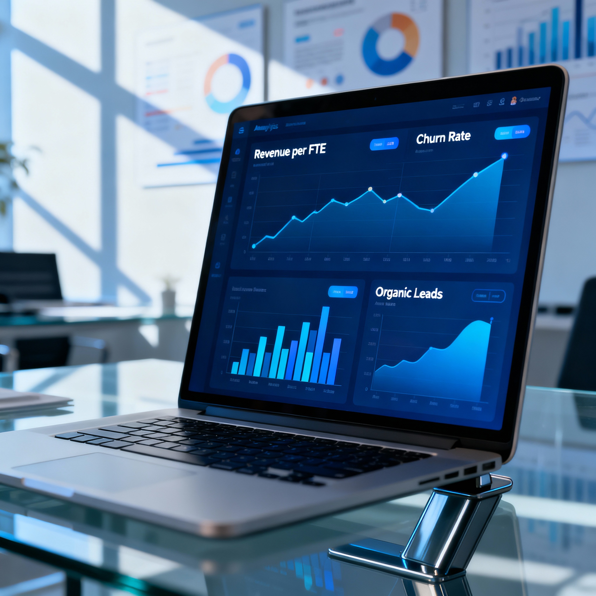 Photorealistic close-up of an analytics dashboard on a laptop screen, displaying revenue per FTE, churn, and organic leads...