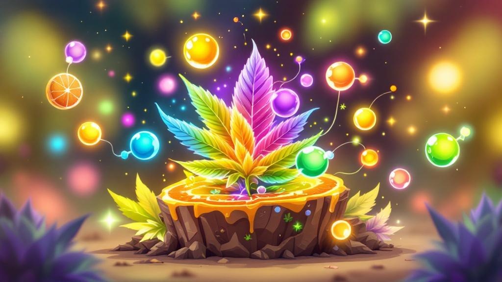 Cartoon terpene molecules and cannabis flower interaction