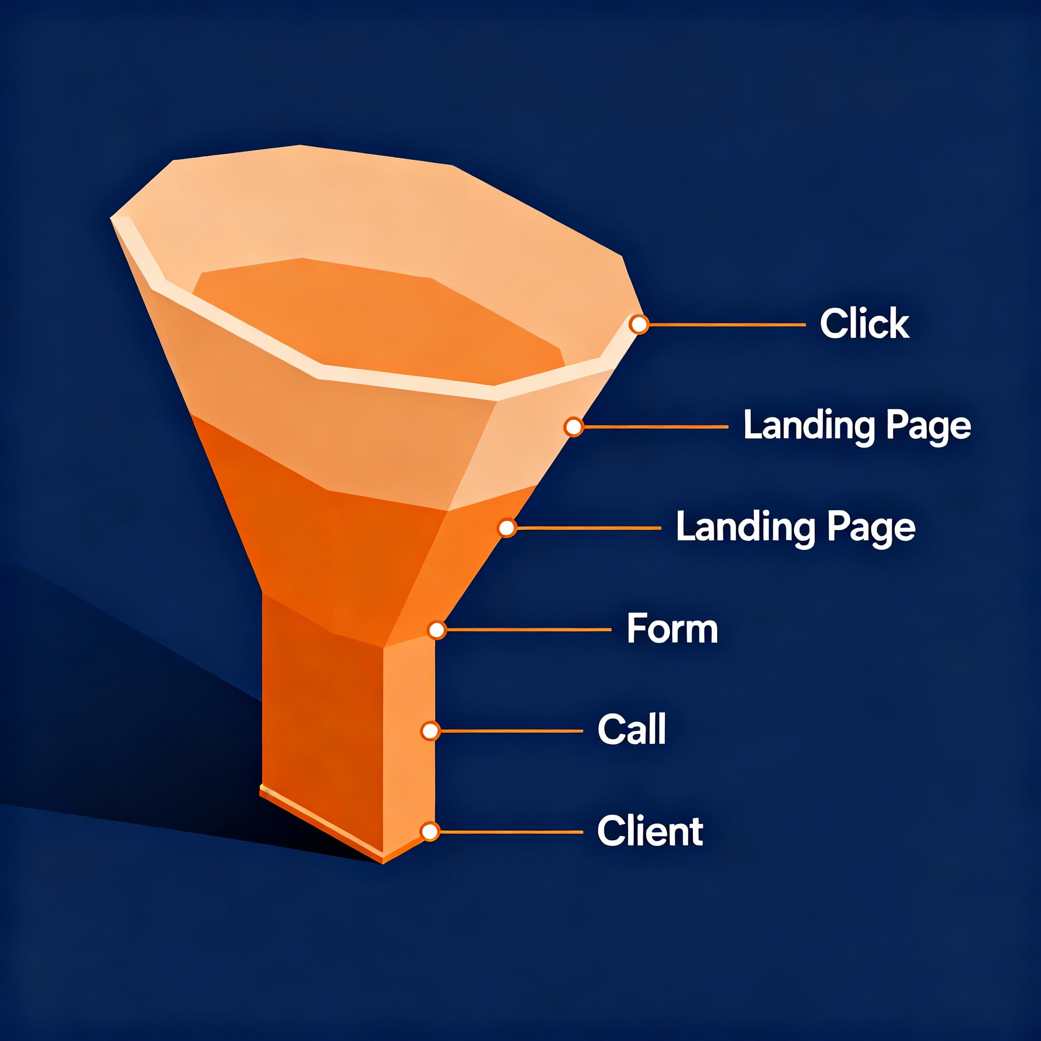 Minimalist infographic, isometric 3D style, showing a 5-step conversion funnel (Click, Landing Page, Form, Call, Client), ...