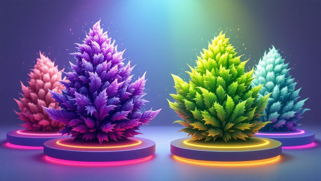 Four unique cannabis flower buds in cartoon style