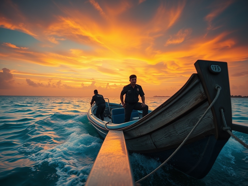 Police Speedboat Approaches Fishing Vessel at Sunset