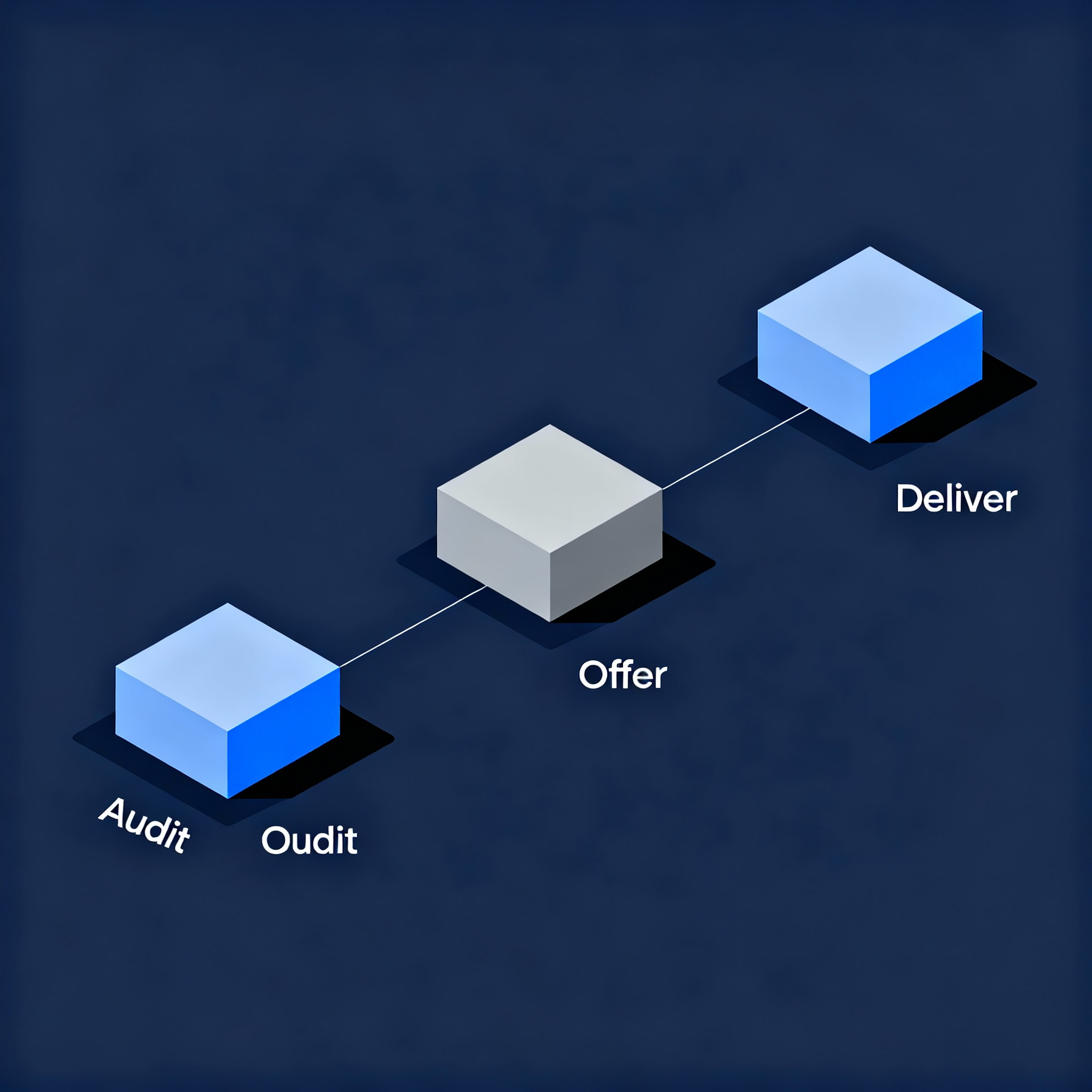 Minimalist isometric diagram showing a three-step process: Audit, Offer, Deliver; modern flat illustration style, professi...