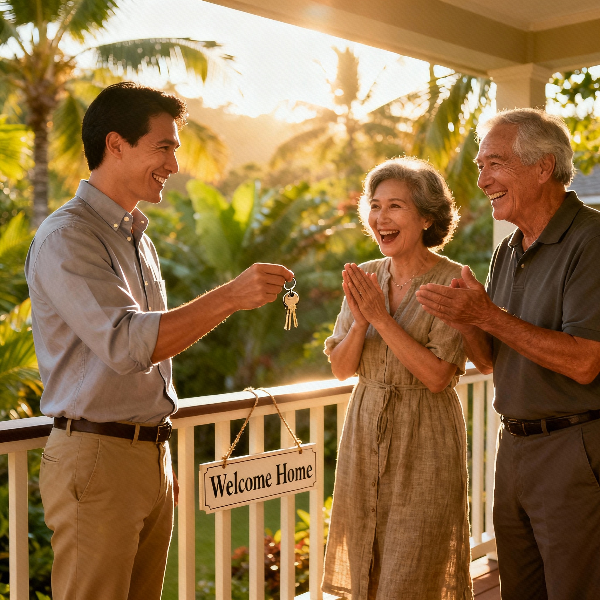 Photorealistic lifestyle shot of a property manager handing keys to an older couple on a sunny lanai, friendly and approac...