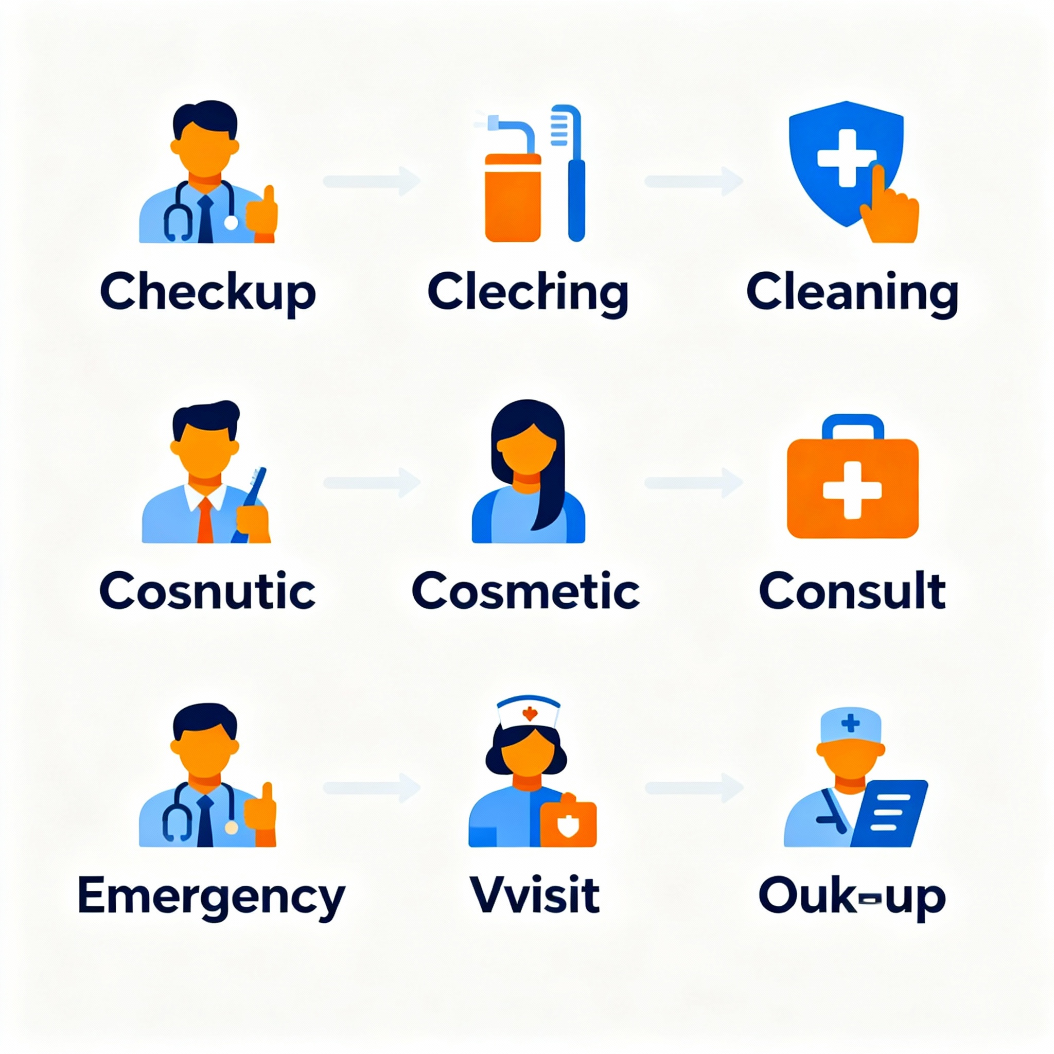 Modern infographic style, friendly and approachable, showing a simplified patient journey: checkup, cleaning, cosmetic con...