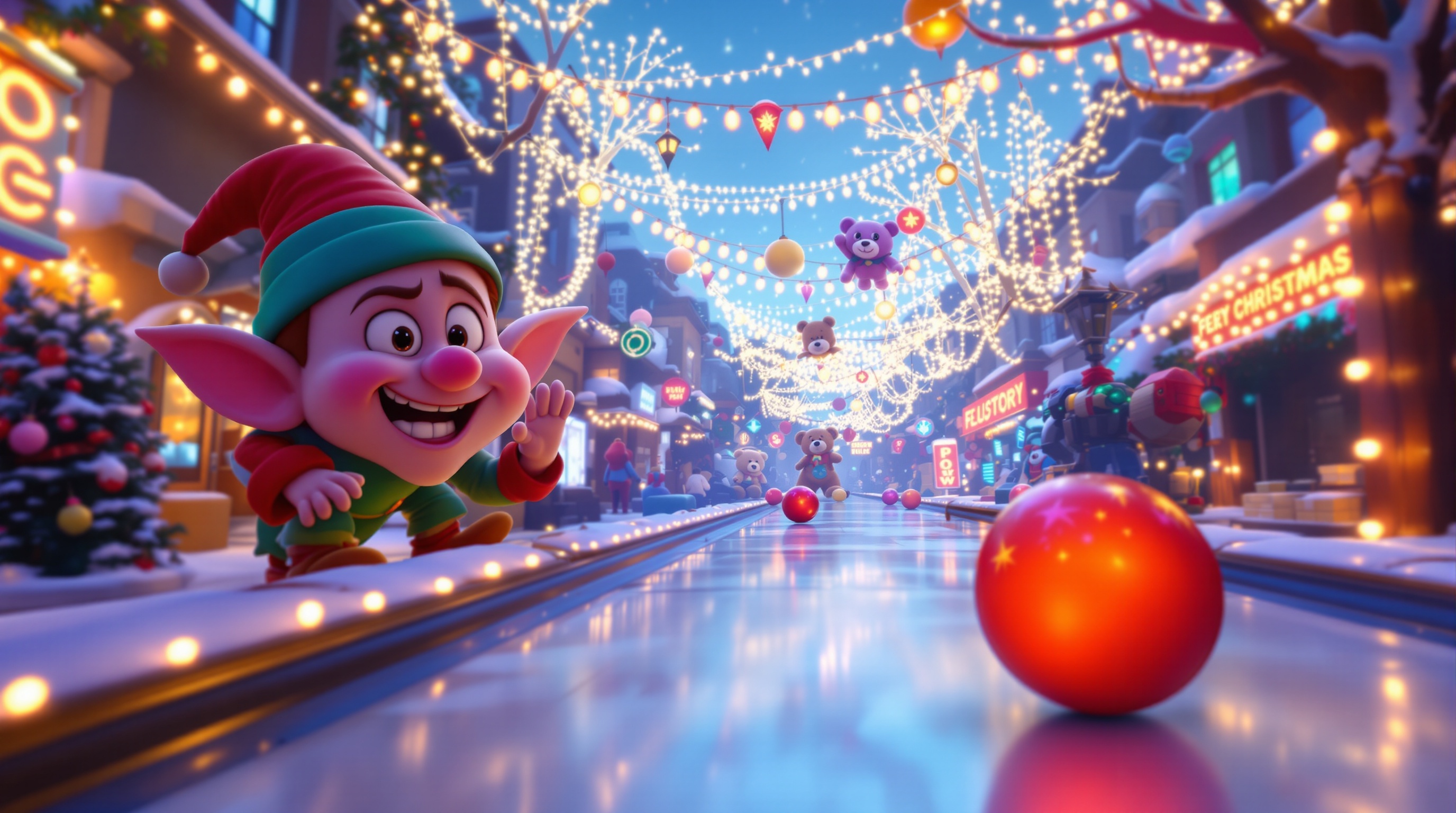 Análisis de la pista de Jingle Strike VR bolos navideños, con decoraciones y elfos