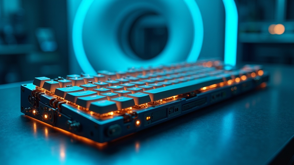 Vista detallada del Seneca First Edition, uno de los teclados mecánicos de lujo en Silicon Valley, mostrando su diseño retrofuturista.