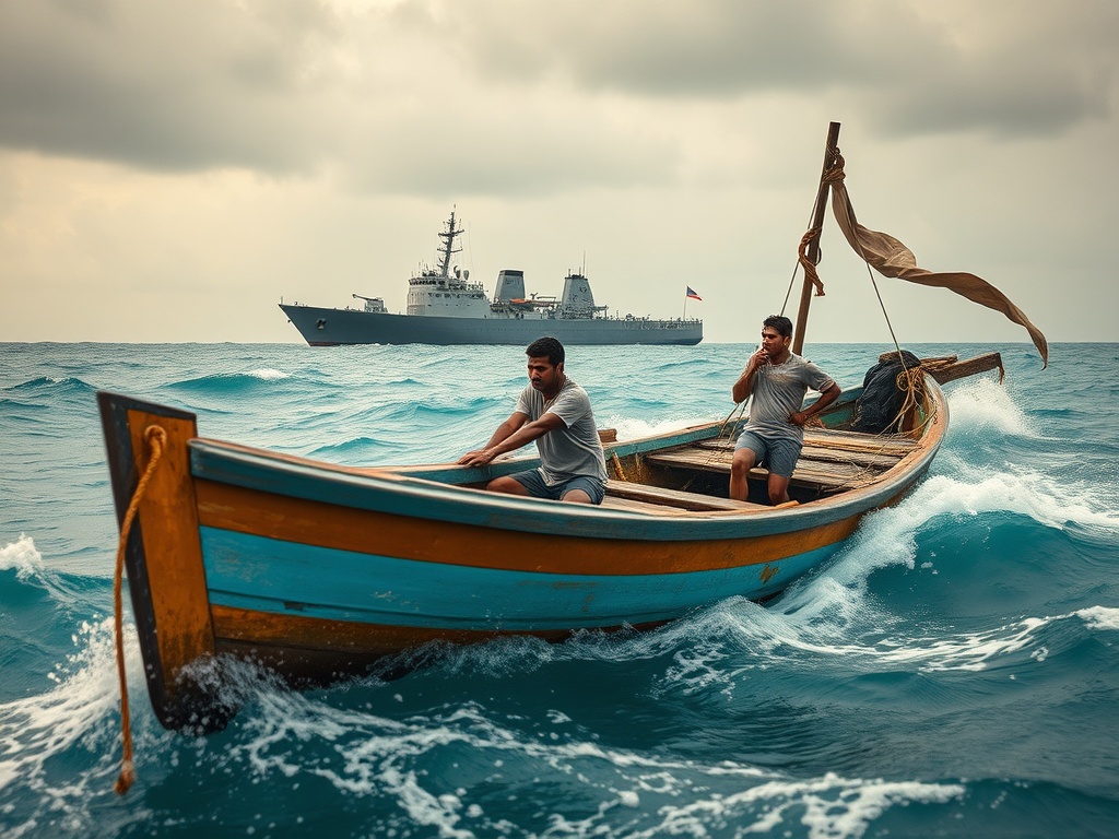 A Maldivian Fishing Boat, a Naval Ship on the Horizon