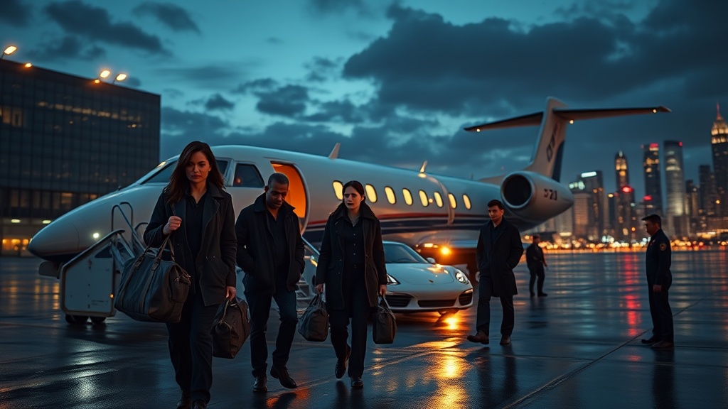 A cinematic, photorealistic movie-still set in 2025 on an airport tarmac at dusk, situated beside a modern glass-and-steel skyline with subtle neon accents. A small group of subdued adult individuals with non-specific, contemporary clothing and worn duffel bags are being escorted up the stairs of a charter passenger jet by professional, unbranded officials in dark, plain uniforms. Faces show tense, resigned, reflective emotions; body language is restrained and realistic. The composition uses a wide 16:9 frame and a low camera angle to include the aircraft, the escorts, and the distant cityscape. Lighting is dramatic but natural: warm aircraft floodlights and boarding lights contrast with cool city and neon reflections on steel and wet tarmac, producing high-detail reflections and realistic specular highlights. Textures are high resolution—skin pores, fabric weave, metal rivets, condensation on the jet stair rail—captured with natural skin tones and subtle filmic grain. Cinematic depth of field with a 35–50mm lens feel: sharp focus on the midground subjects, slightly softened foreground and softly blurred city lights in the background to create immersive depth. Directional rim lighting and soft fill light model facial features without theatrical color grading. No flags, logos, text, insignia, or identifiable landmarks; no references to any specific country, institution, or person. The overall mood is solemn and universally understandable, appearing as a high-quality, modern movie still documenting a moment of organized transfer and accountability in a 2025 urban setting.