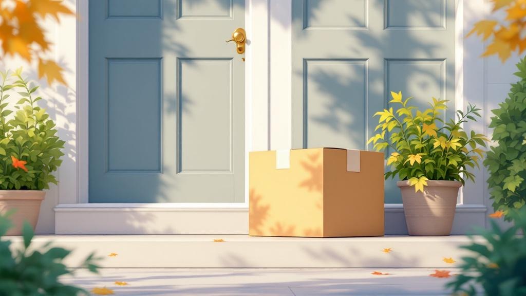 Cartoon plain delivery box on doorstep ensuring privacy