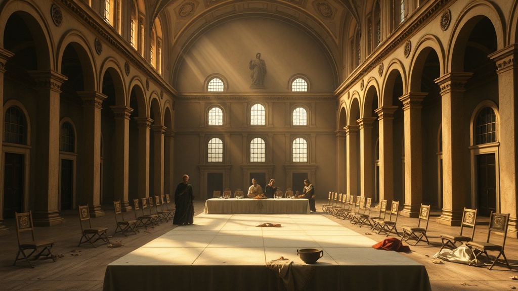 An allegorical, religious scene in the style of Leonardo da Vinci portraying the aftermath of a failed public sale of a once‑vibrant ceremonial venue, rendered as a contemplative parable suitable for a sermon.