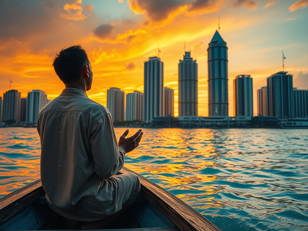 Prayer on a Dhoni with Malé's Skyline Rising Behind