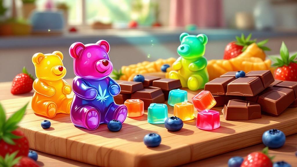 Cartoon cannabis edibles with gummies and chocolates