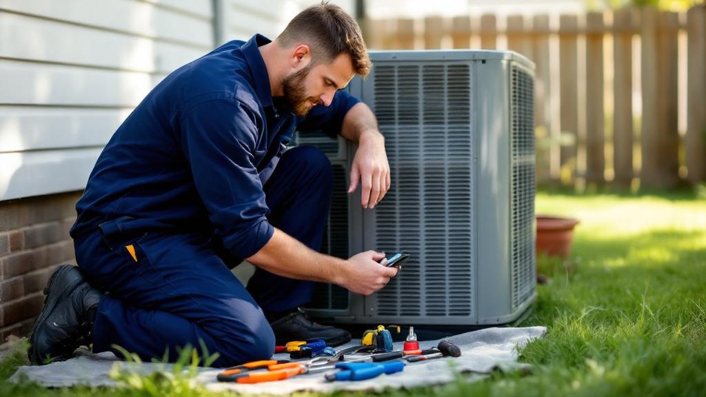 HVAC technician performing preventive maintenance on air conditioning system