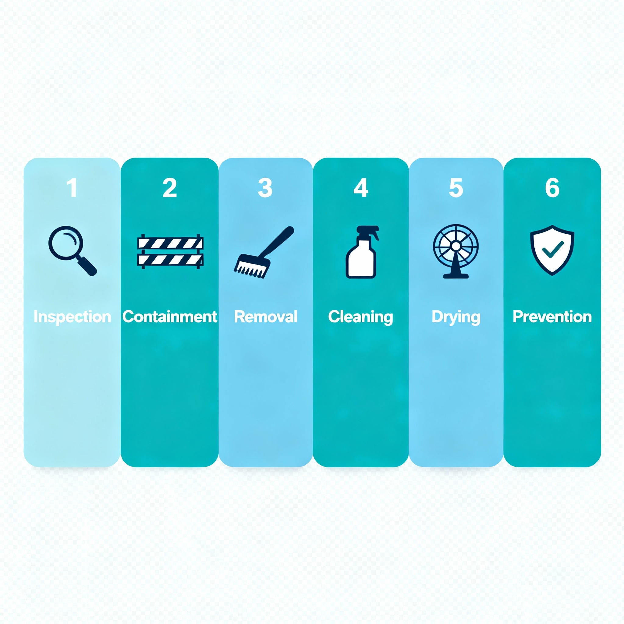 Infographic-style diagram showing the mold remediation process: inspection, containment, removal, cleaning, drying, and pr...
