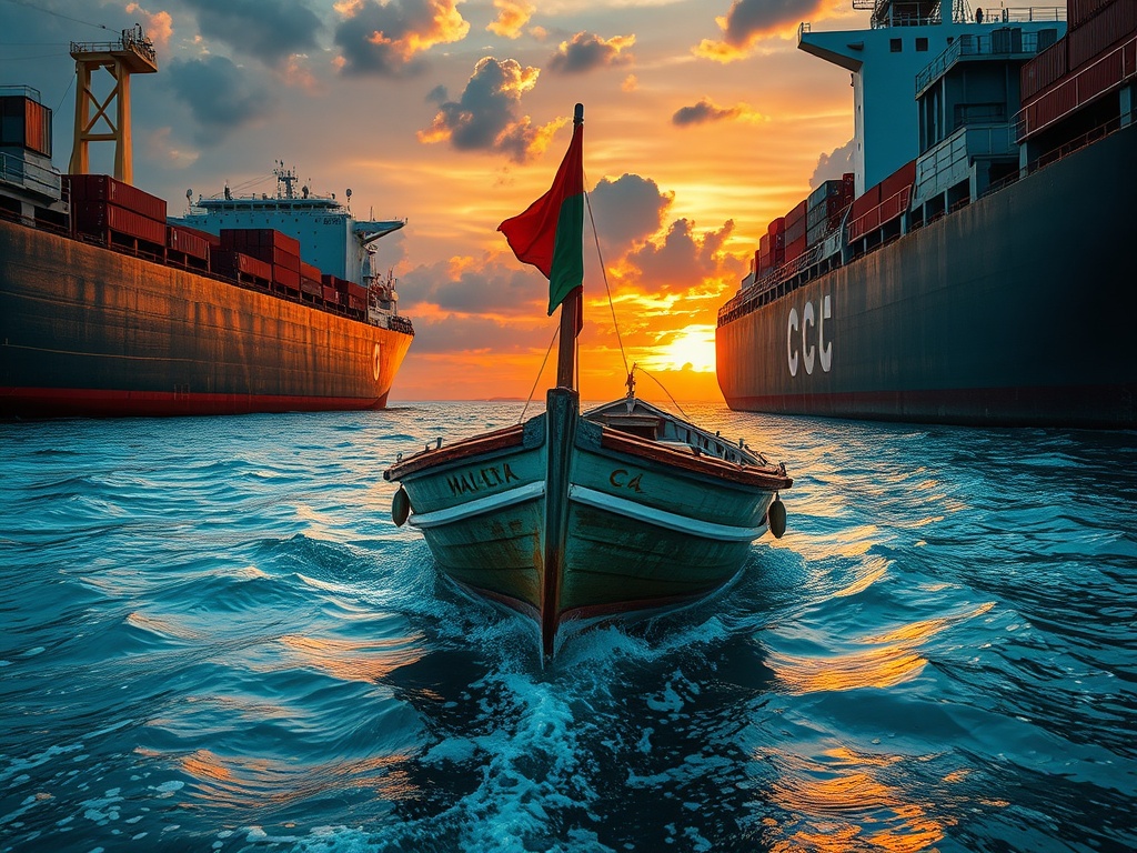 A Maldivian Fishing Boat Between Giants at Sea