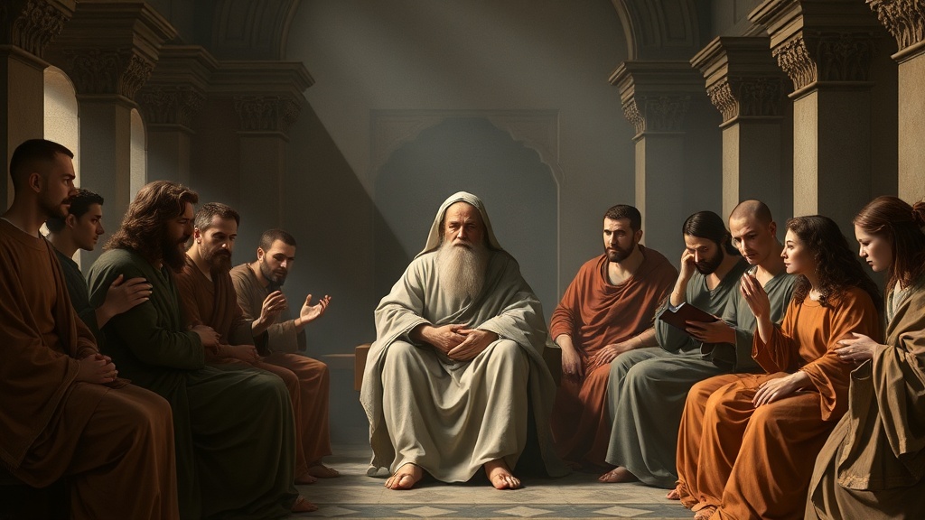 르네상스 풍의 실내에서 지혜로운 어른과 사람들이 조용히 앉아 상담하고 있는 고전적 그림