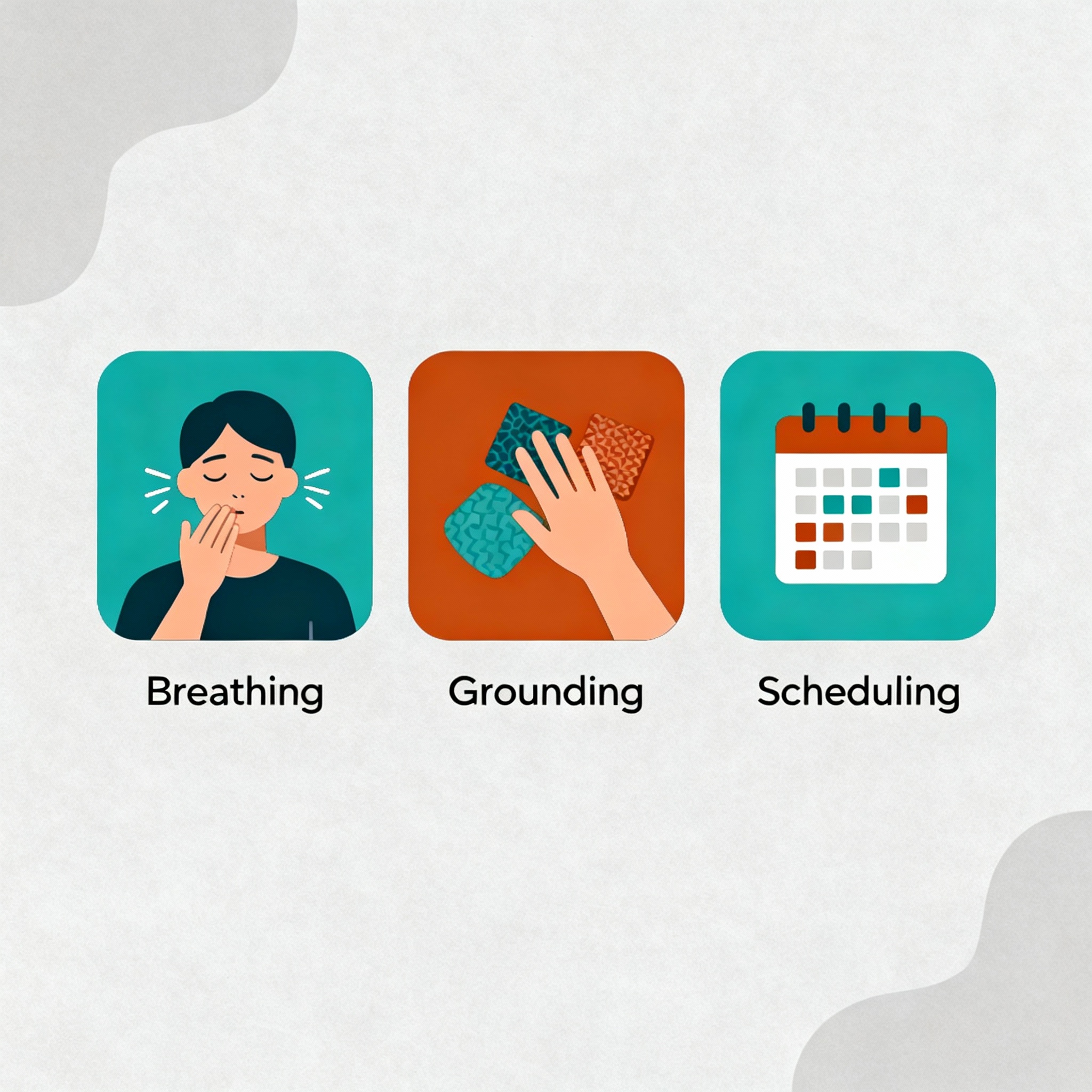 Minimalist infographic-style illustration showing three at-home anxiety tools: breathing, grounding, and scheduling. Moder...
