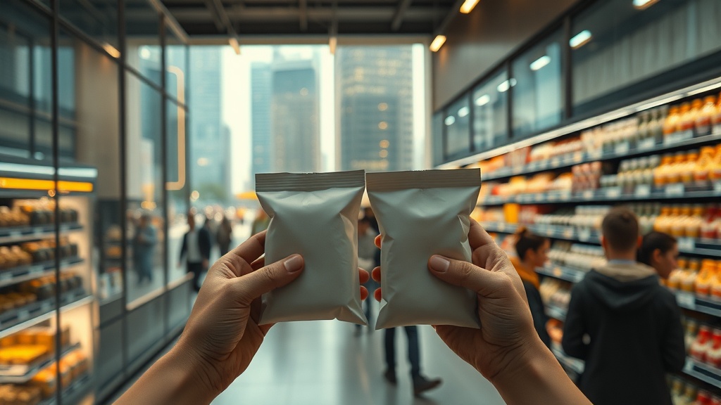 도시 슈퍼마켓에서 크기가 다른 포장 두 개를 비교하는 장면