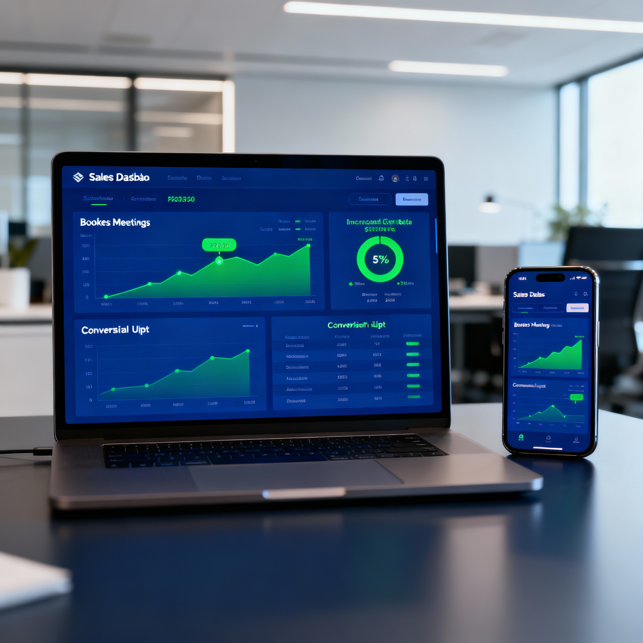 Photorealistic close-up of a sales dashboard showing increased booked meetings and conversion rate uplift, laptop and smar...
