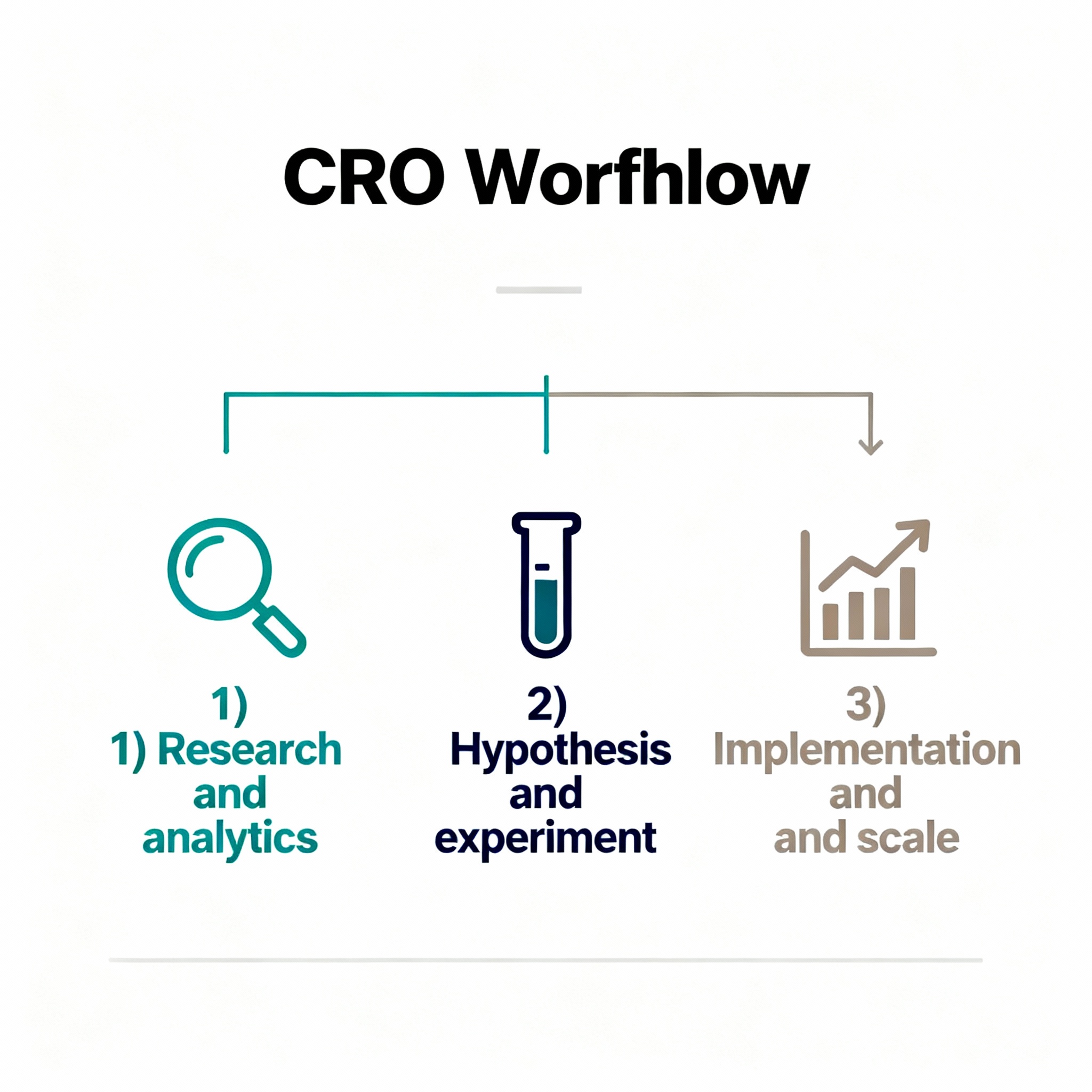 Minimalist infographic style diagram showing a three-step CRO workflow: 1) Research and analytics, 2) Hypothesis and exper...