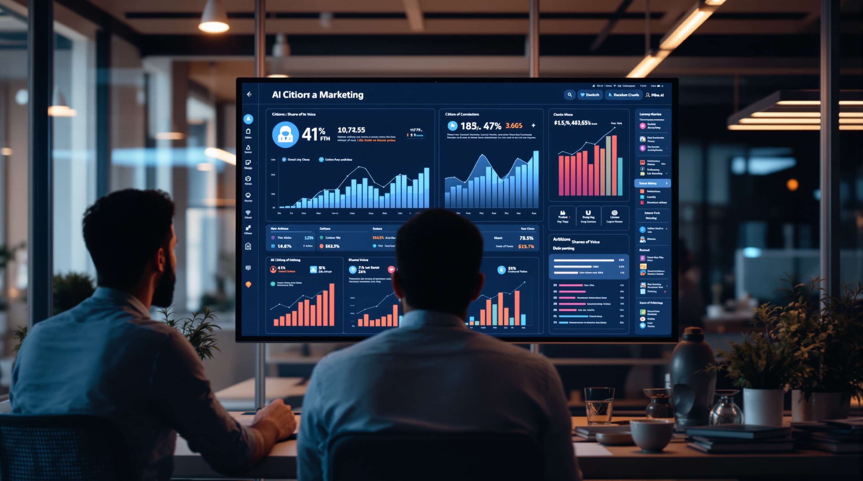 Modern workspace with digital dashboard tracking AI citations, mentions, and share of voice metrics, diverse marketing team analyzing AI-driven performance data