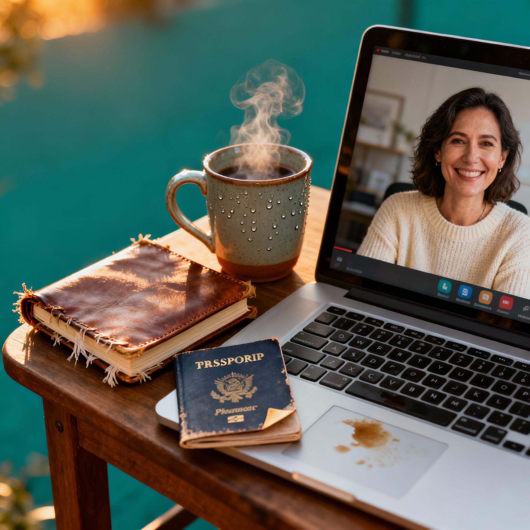 Photorealistic close-up of a journal, passport, and a steaming mug on a small table next to a laptop showing a telehealth ...