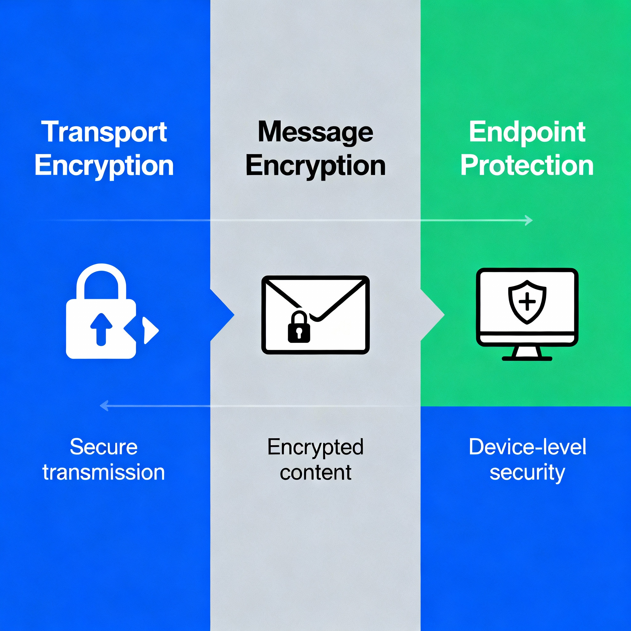 Minimalist infographic showing three-layer email protection model: Transport Encryption, Message Encryption, and Endpoint ...