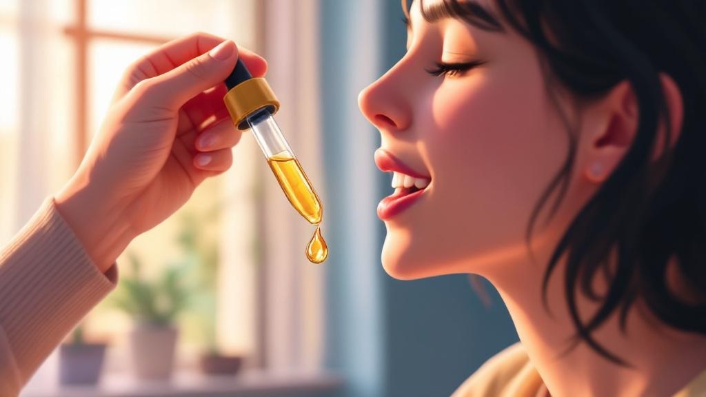 Cartoon person taking sublingual cannabis drops