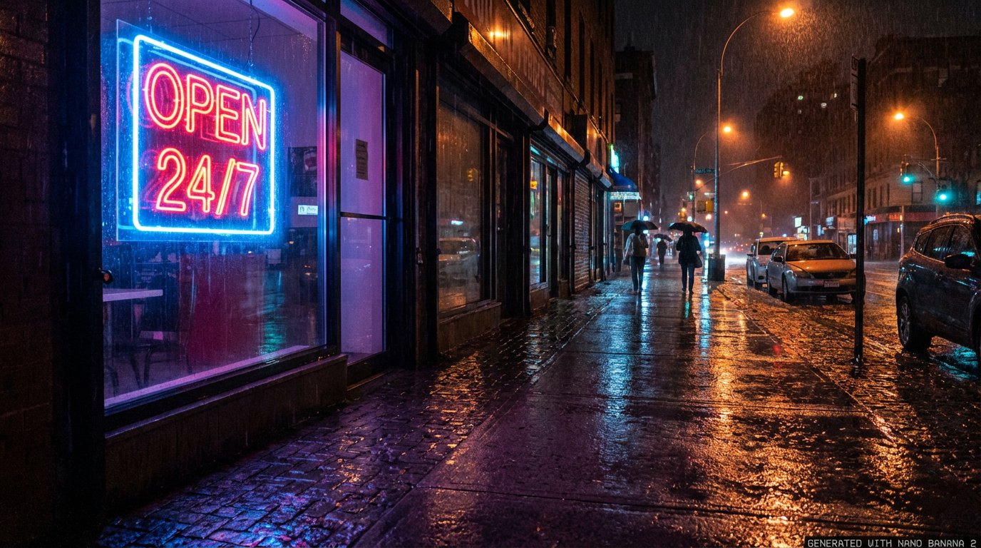 Nano Banana 2 output of a storefront with clear neon 'OPEN 24/7' sign
