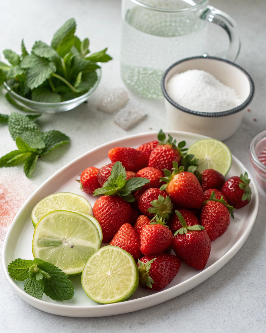 The BEST Strawberry Agua Fresca ingredients laid out on clean white counter